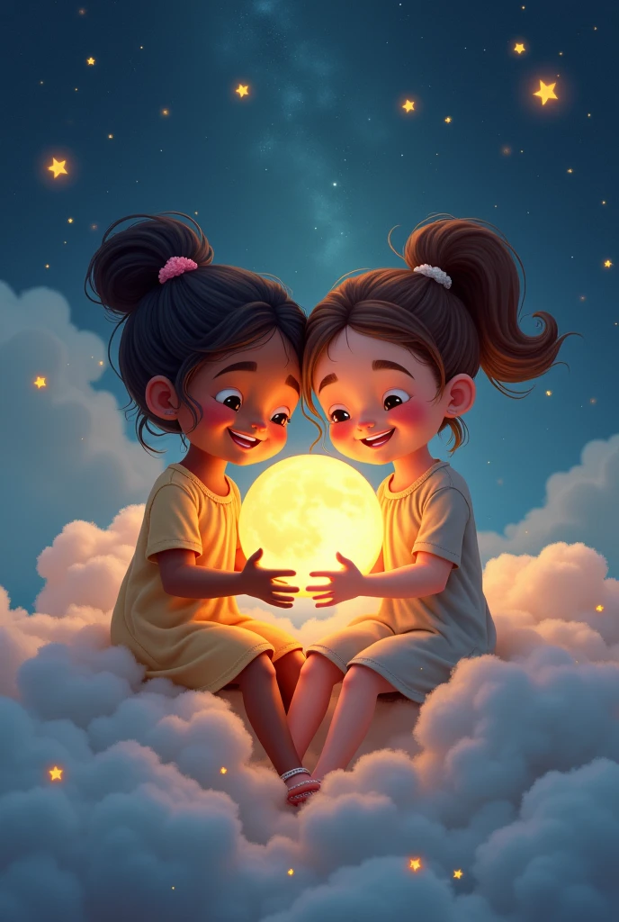 Two girls bestie
One is brown and other is fair
They sit on cloud ☁️
Sun and moon are in their hands