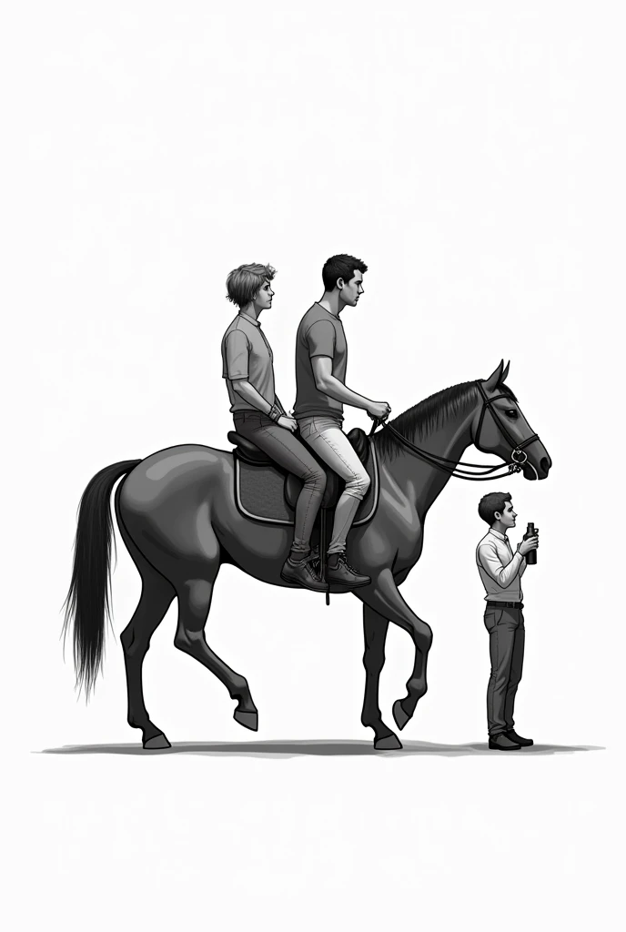 I need a detailed image for a tattoo with the following characteristics:
horse:
A single horse should be the central focus of the image.
The horse must be in a static position, Seen in profile or slightly angled to clearly show the riders.
Riders:
Front rider:
This rider must be mounted on the front of the horse.
You must be holding the horse's reins with both hands..
The rider's posture should be natural., with the torso slightly leaning forward.
Rear Rider:
This rider must be mounted behind the rider in front., in a position that makes him appear taller than the front rider.
You should be holding a bottle with one hand.
The posture should be upright or slightly leaning back to increase the perception of height..
Perspective Effect:
The difference in height between the two riders must be achieved through visual perspective..
The effect should be similar to that which occurs when the passenger on the back of a motorcycle appears higher than the driver due to the angle of vision.. The rider in the back should appear taller compared to the rider in front..
Tattoo Details:
The image must be clear and precise, suitable for a tattoo.
Use clean lines and avoid excessive detail that could make the design difficult to read on the skin..
I appreciate your help in creating this image.