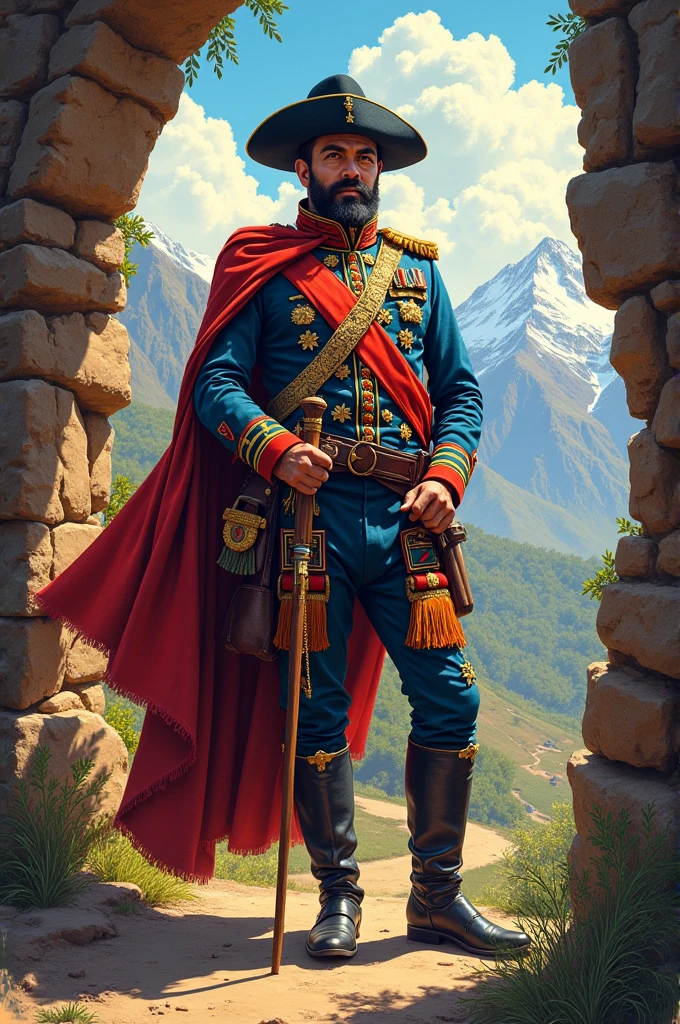 An illustration by Martín Miguel de Güemes with a background of Jujuy culture