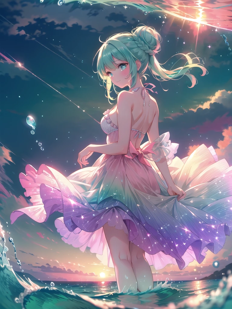 ((8k, Highest quality, masterpiece: 1.3)),Ultra-high resolution,(1 girl, alone), (Color changing eyes, Ultra-detailed, Expressive brilliance, Glitter, Glowing Eyes), Highly detailed eyes, Highly detailed face, Random Hair, ((pastel colour)),On a quiet beach at sunset, a woman with pastel mint-green hair styled in a messy bun stands near the water’s edge. Her bikini is a classic triangle top in light pink with ruffled edges, paired with matching bottoms tied with delicate bows on her hips. The camera angle is from behind, capturing her silhouette against the vibrant orange and pink sky. She looks over her shoulder with a gentle smile, her eyes sparkling with the last rays of sunlight. The soft colors of the sky reflect on the water, creating a dreamy ambiance that enhances her graceful pose. She stands with one leg slightly crossed over the other, her hands lightly holding her hair to keep it in place as the wind gently blows.
