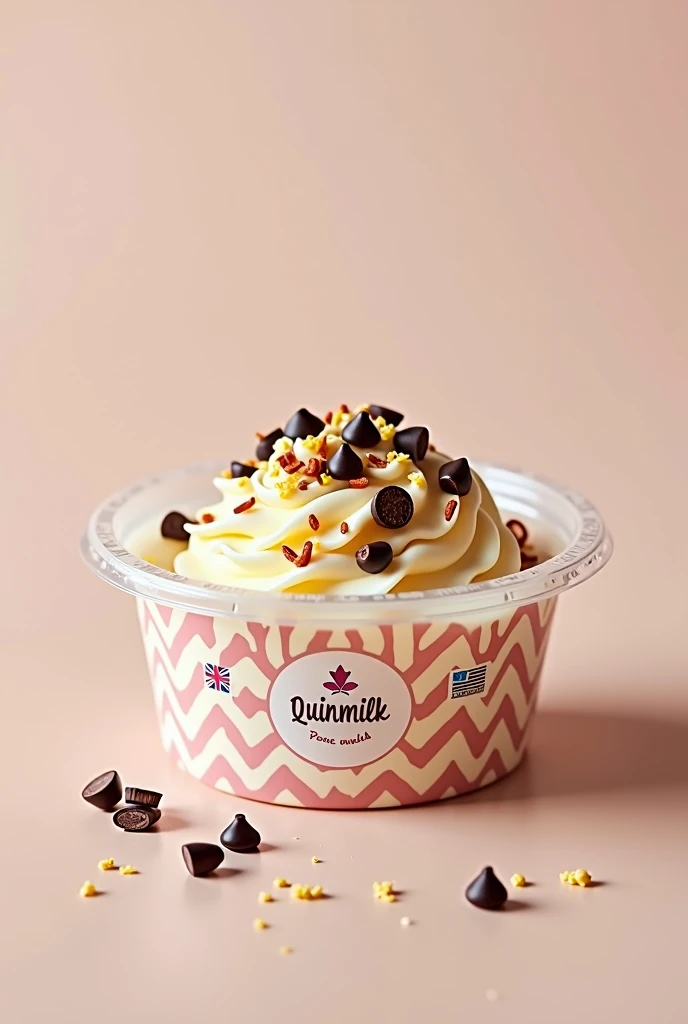 MY PRODUCT IS A DESSERT CALLED RICE PUDDING BUT WE REPLACE THE RICE WITH QUINOA OUR BRAND IS CALLED "QUINMILK" WE ADD TOPINS TO OUR PRODUCT AS DECORATION OF GRATED COCONUT OR CHOCOLATE CHIPS. We add little by little.QUINOA IS A PERUVIAN PRODUCT THAT CONTAINS MANY BENEFITS FOR OUR BODY. My product is in a plastic container Pamolsa Transparent Circular Container 7 oz. On the container is pasted the brand logo that says "QUINMILK" in a circular manner but in a zigzag is the logo with a white background and pink edges with a pink bow .
That's our product, I'd like to improve it. ,Taking that image into account, I created one, and create the brand logo for me