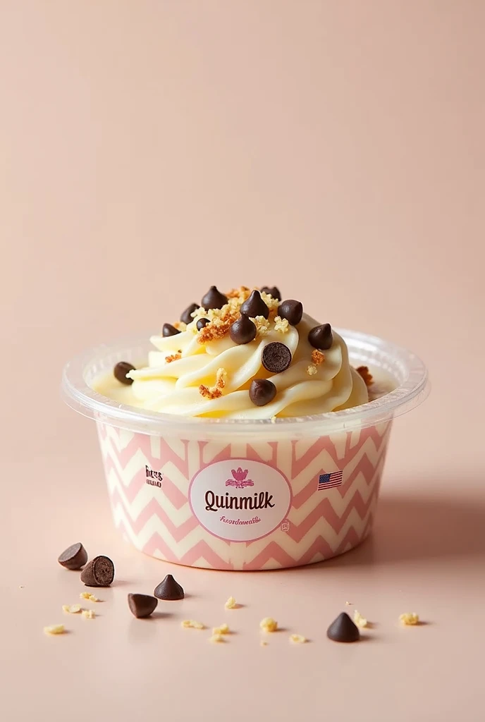 MY PRODUCT IS A DESSERT CALLED RICE PUDDING BUT WE REPLACE THE RICE WITH QUINOA OUR BRAND IS CALLED "QUINMILK" WE ADD TOPINS TO OUR PRODUCT AS DECORATION OF GRATED COCONUT OR CHOCOLATE CHIPS. We add little by little.QUINOA IS A PERUVIAN PRODUCT THAT CONTAINS MANY BENEFITS FOR OUR BODY. My product is in a plastic container Pamolsa Transparent Circular Container 7 oz. On the container is pasted the brand logo that says "QUINMILK" in a circular manner but in a zigzag is the logo with a white background and pink edges with a pink bow .
That's our product, I'd like to improve it. ,Taking that image into account, I created one, and create the brand logo for me