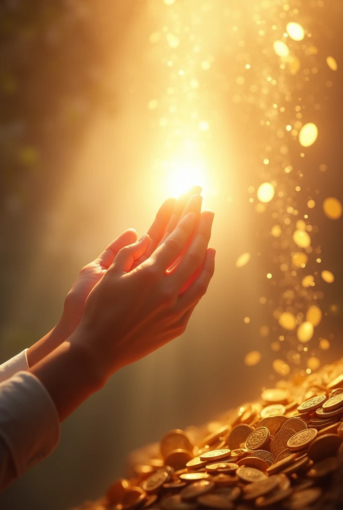 A viral social media image: A serene light shines on praying hands, surrounded by golden coins cascading from the sky on the right, symbolizing a financial miracle. Background features a soft, heavenly glow.
