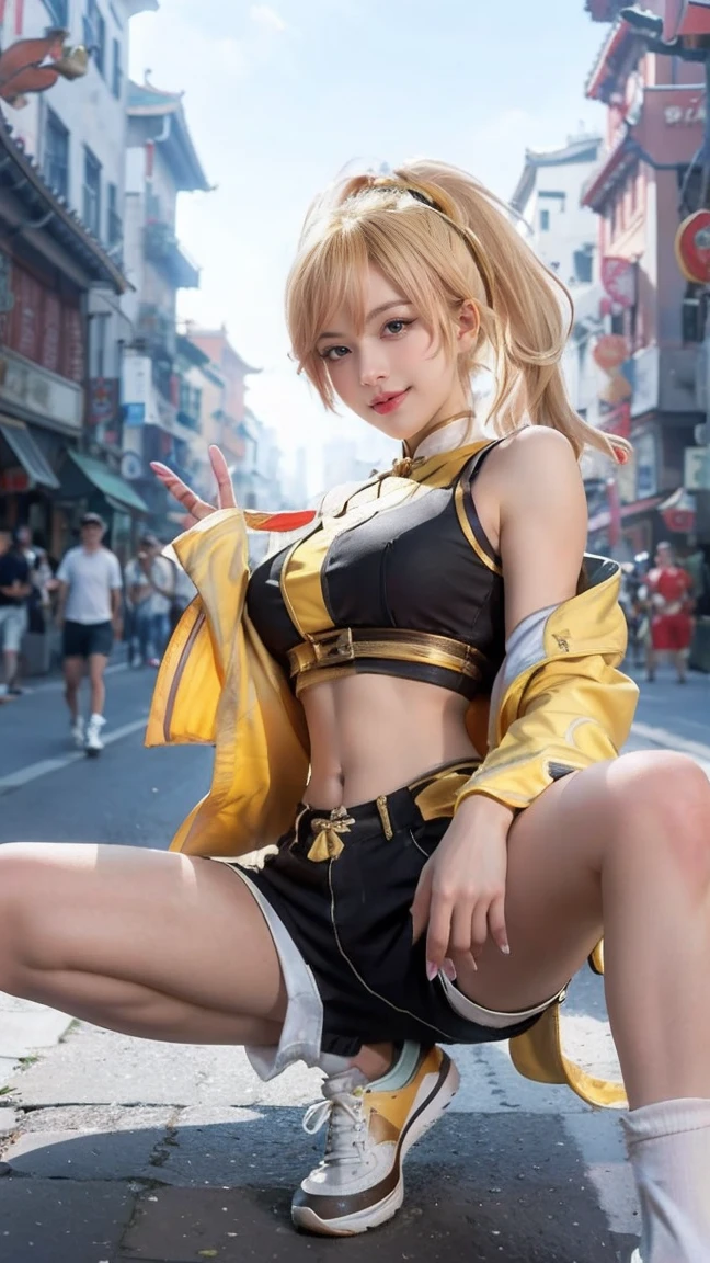 (masterpiece), best quality, 4k, HD, expressive eyes, perfect face, ABS,  muscular, tight , Ji Xiaoman, Blonde, Very cute face, Blue eyes, Upper body, Big breasts, Real, Photo", shorts, yellow hair, lazy, shoes, smug, smiling, Mayene, midriff, navel, Chinese, Chinatown background, pussy, breasts