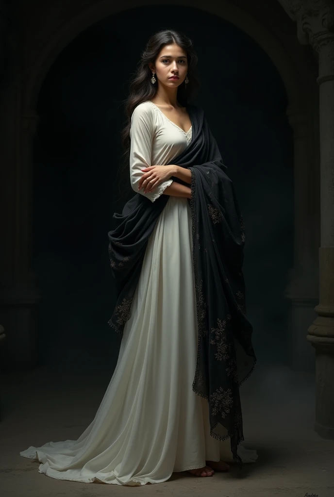 A girl who wear white kurta and black shad on her dress  and background is black 