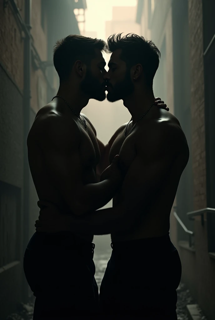 (photorealism:1.2),Two men silhouette of them kissing