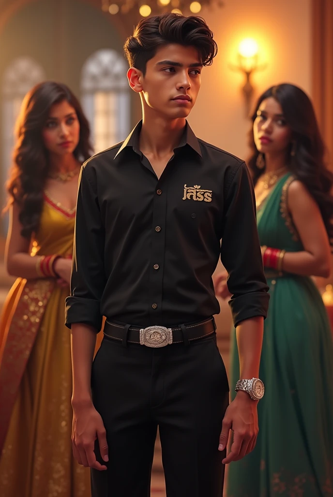 "Handsome young boy aged 14-15 years in a formal black shirt with 'Jass' written as a sticker, black pants, and wearing a diamond watch and a diamond belt. He is holding a juice glass. He should look like an officer or businessman. Two Punjabi girls in the background looking at him. The scene should have a touch of Punjabi culture."