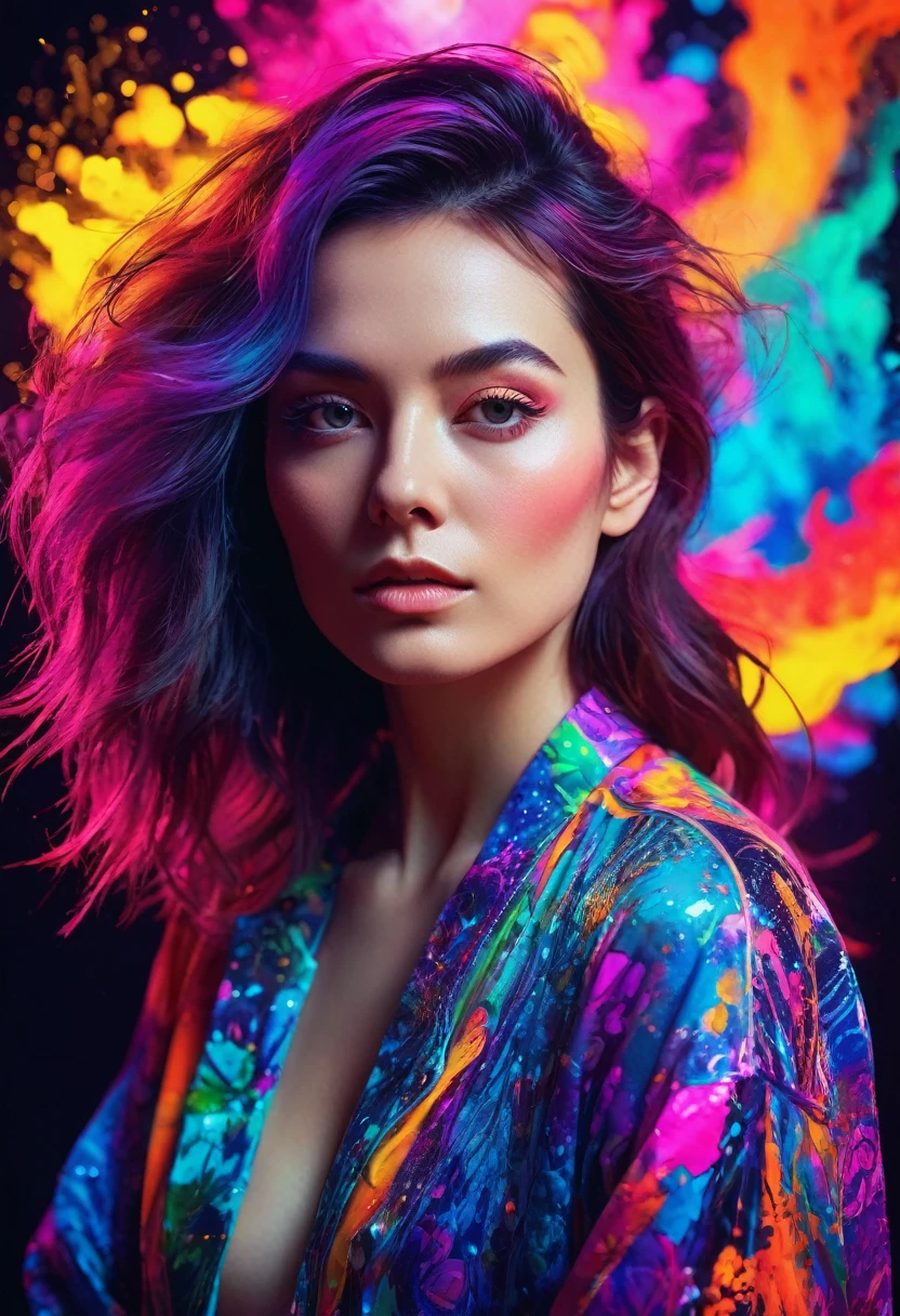 (close), Portraiture,woman  Portraiture, (alone), masterpiece, Highest quality, Clothes with strong contrast, psychedelic, [[[lsd]]], particle, bloom, Neon lighting, (Shine), Flat Color, Splashes of color, Mixing colors