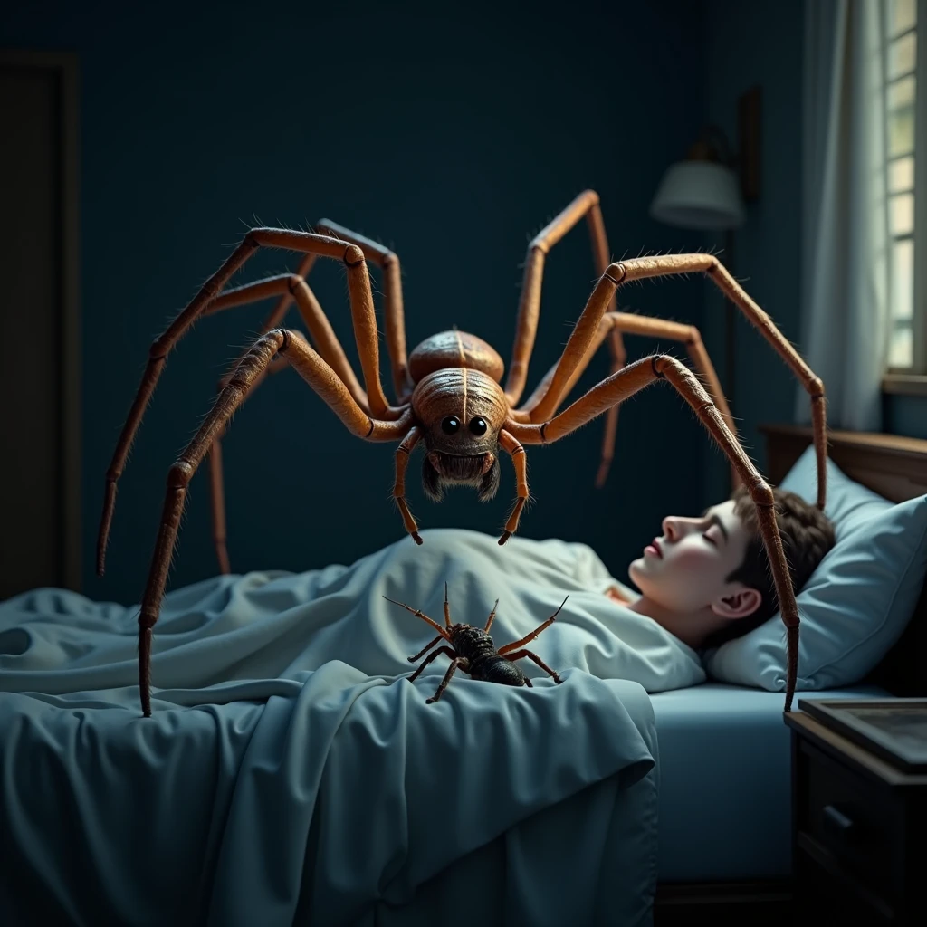 3d、Ultra HD、Digital Art、Front view、A huntsman spider is catching an insect、There's a human sleeping in bed next to me