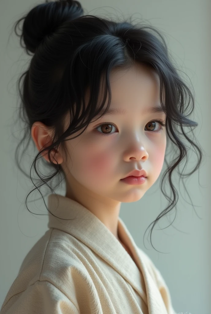 Male child, jet black hair in a bun, hazel eyes and whitish skin.