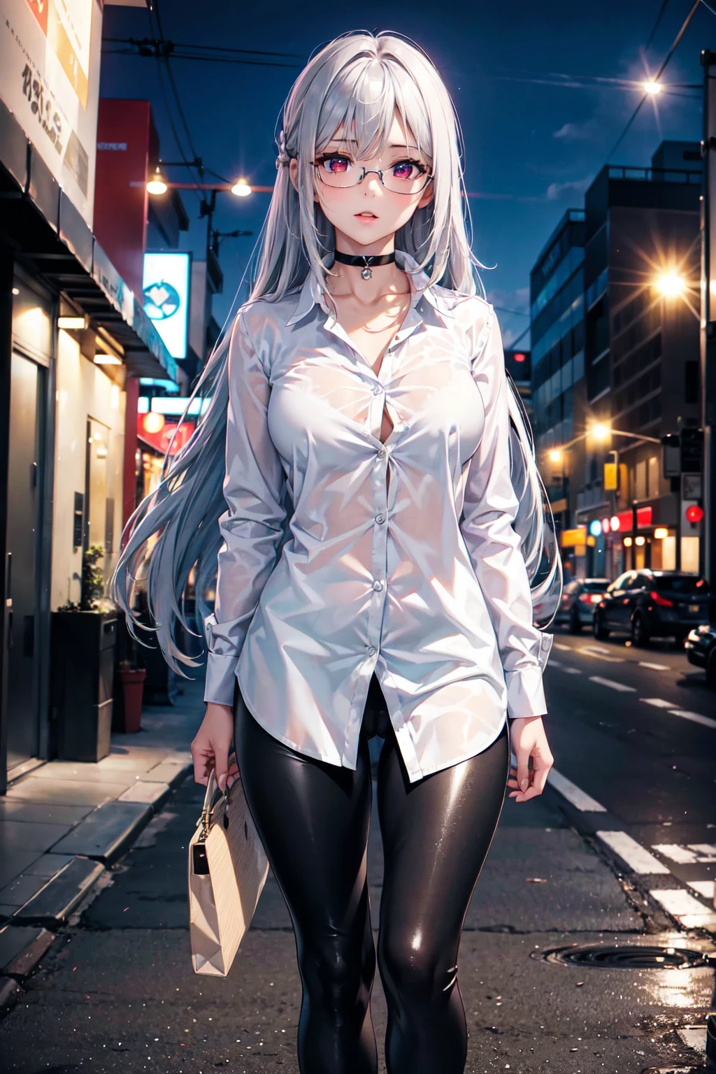 masterpiece, Superior image quality, High resolution, 4k image,Photo and gross, photorealistic, 1 young girl of 1, walking, {Alone},{{{vagina}}}, beautiful face, long silver hair, scarlet red eyes, very detailed eyes, expression of tenderness, Glasses, choker:1.6, (white collar button down shirt white long sleeve), (shiny black leggings), black boots, sensual lips , show details in the eyes, View from the front, Street, city, at night