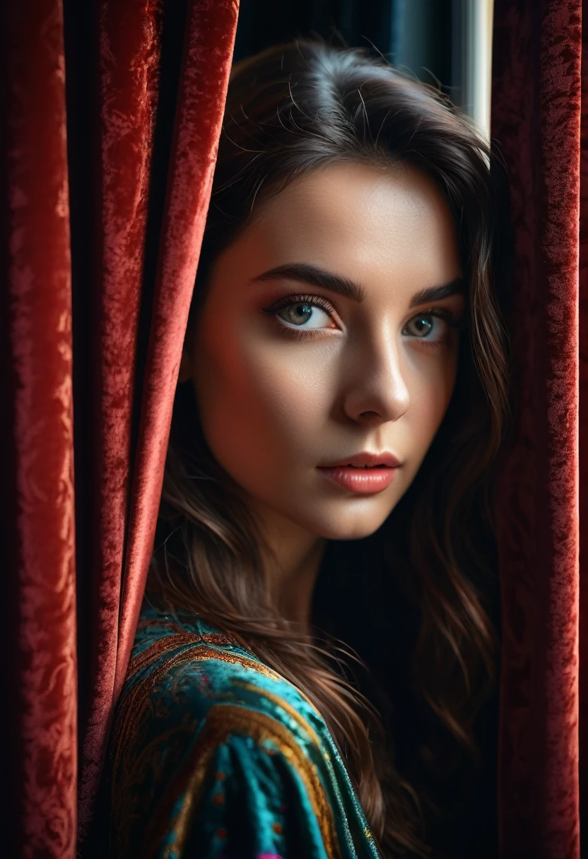 RAW photo, beautiful eyes, masterpiece, peeking out from behind the curtains, colorful details, award-winning, high detail, 8 K, daylight, analog film, detailed skin, stunning composition, complex parts, subsurface scattering, velvet hair, amazing textures, cinematic, chiaroscuro, soft light
