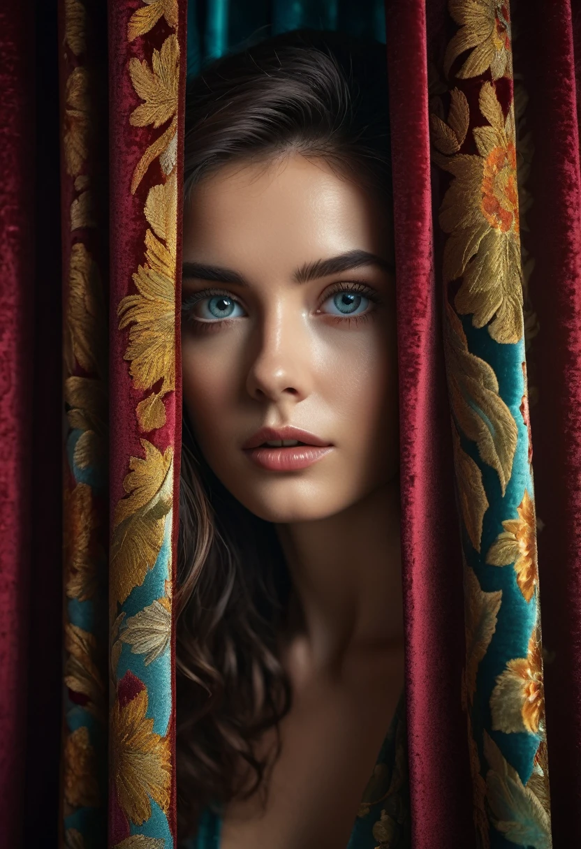 RAW photo, beautiful eyes, masterpiece, peeking out from behind the curtains, colorful details, award-winning, high detail, 8 K, daylight, analog film, detailed skin, stunning composition, complex parts, subsurface scattering, velvet hair, amazing textures, cinematic, chiaroscuro, soft light