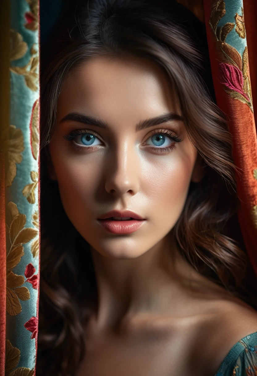 RAW photo, beautiful eyes, masterpiece, peeking out from behind the curtains, colorful details, award-winning, high detail, 8 K, daylight, analog film, detailed skin, stunning composition, complex parts, subsurface scattering, velvet hair, amazing textures, cinematic, chiaroscuro, soft light