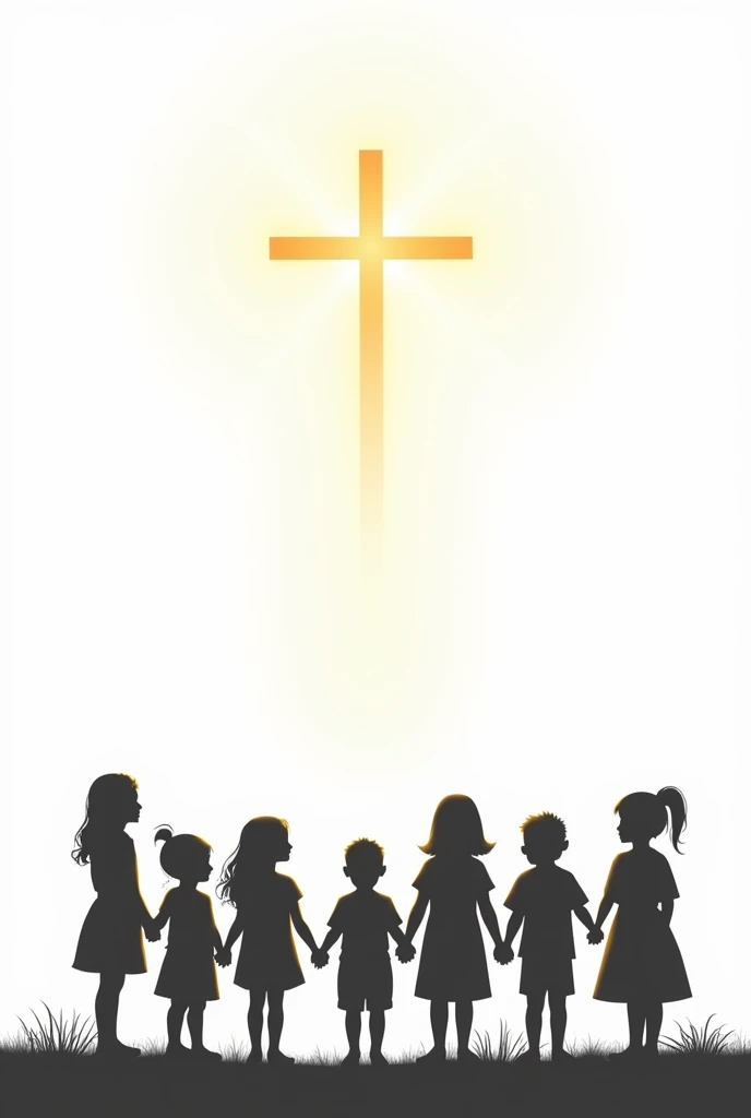 s of black and white children represented by small children on a white background children feeling faith at the bottom of the image small children And a cross in the shape of light at the top
