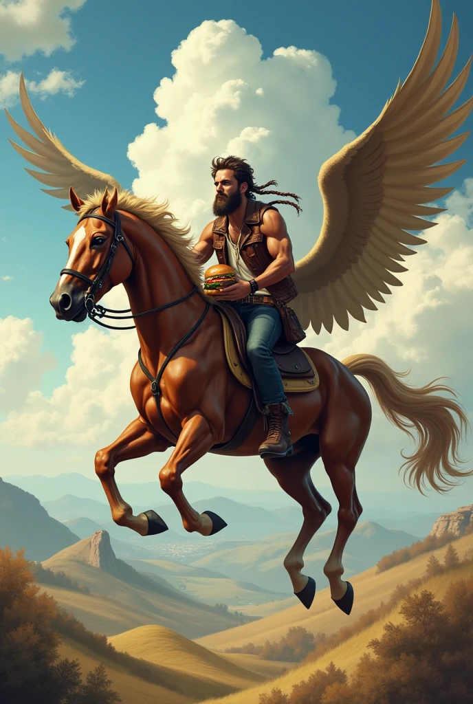 A man on a horse that is flying while eating a hamburger