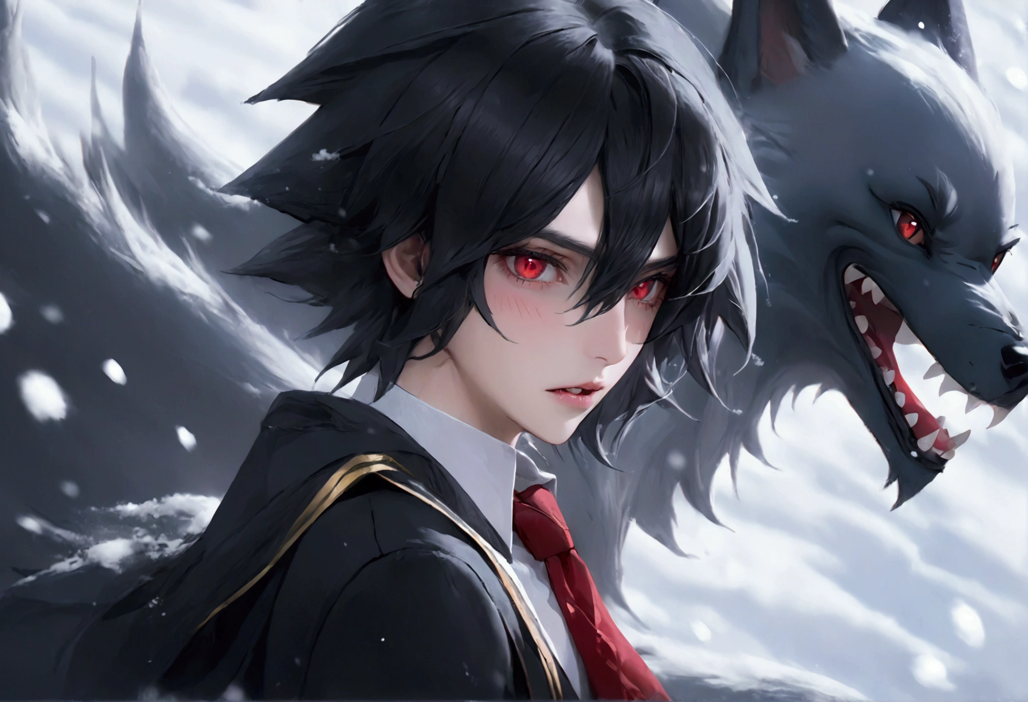 Feminine male, black wolfcut hair, school uniform, classroom back ground, handsome, snow white skin, red eyes, fangs