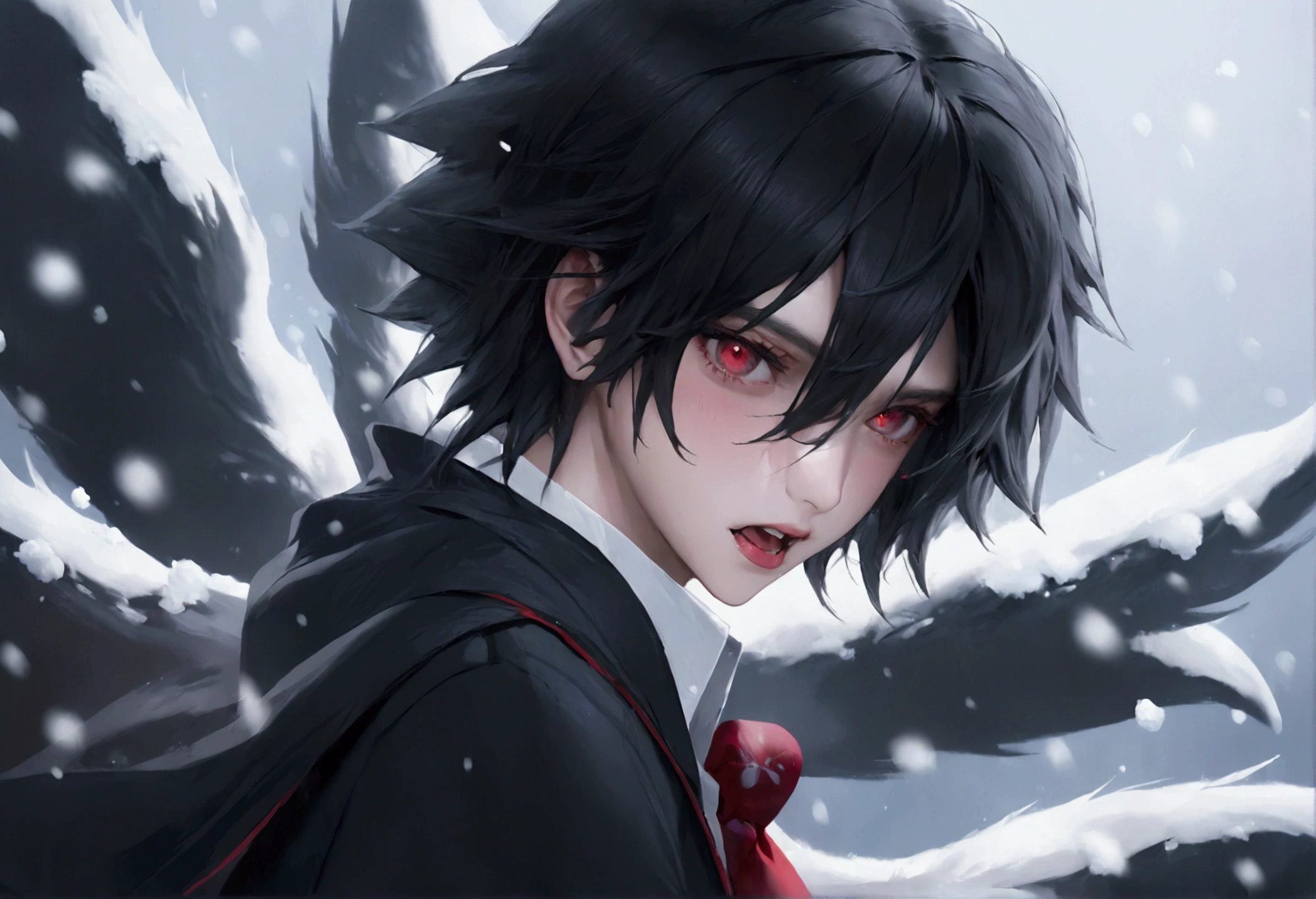 Feminine male, black wolfcut hair, school uniform, classroom back ground, handsome, snow white skin, red eyes, fangs