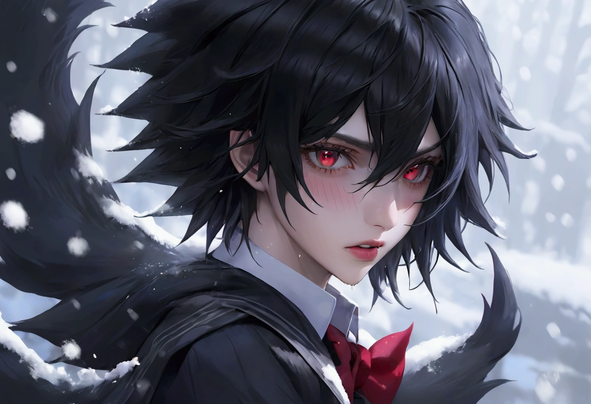 Feminine male, black wolfcut hair, school uniform, classroom back ground, handsome, snow white skin, red eyes, fangs