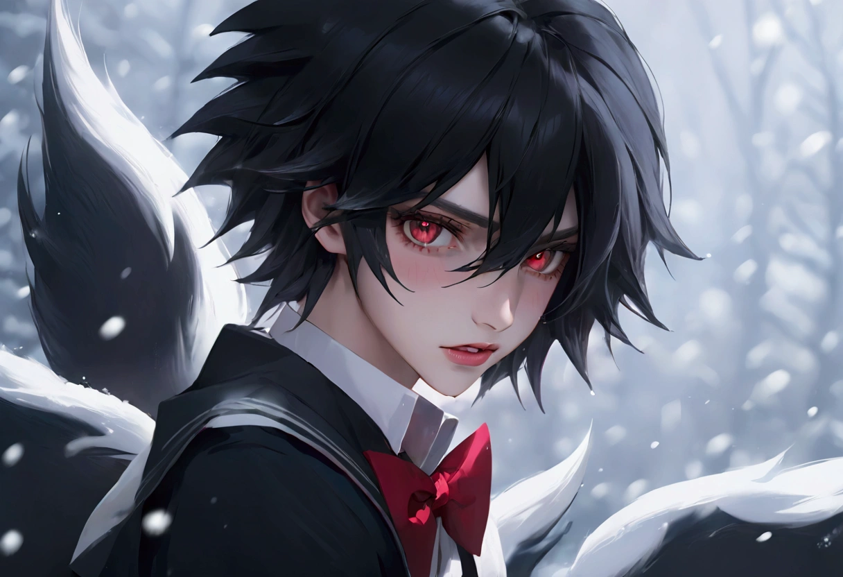 Feminine male, black wolfcut hair, school uniform, classroom back ground, handsome, snow white skin, red eyes, fangs