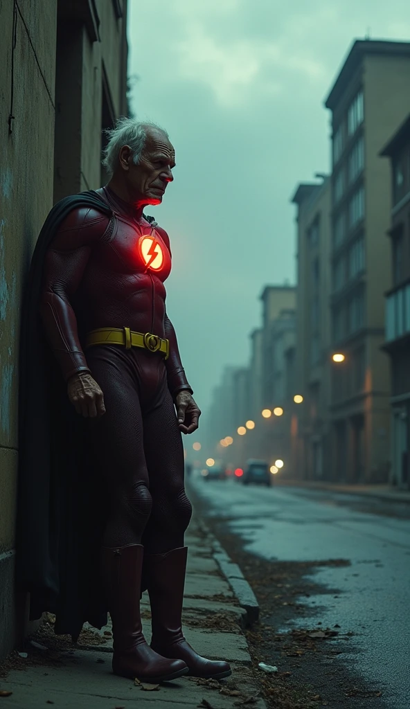 Old Flash, 8 now slower, tries to run but stumbles. His lightning is dim and flickering. He catches his breath, leaning on a wall. Background: A deserted city street at dusk, the sky filled with ominous clouds. Narration: "The speedster's race against time... is coming to an end."