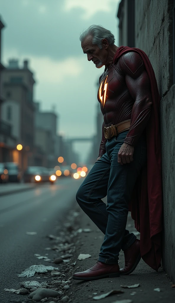 Old Flash, 8 now slower, tries to run but stumbles. His lightning is dim and flickering. He catches his breath, leaning on a wall. Background: A deserted city street at dusk, the sky filled with ominous clouds. Narration: "The speedster's race against time... is coming to an end." 