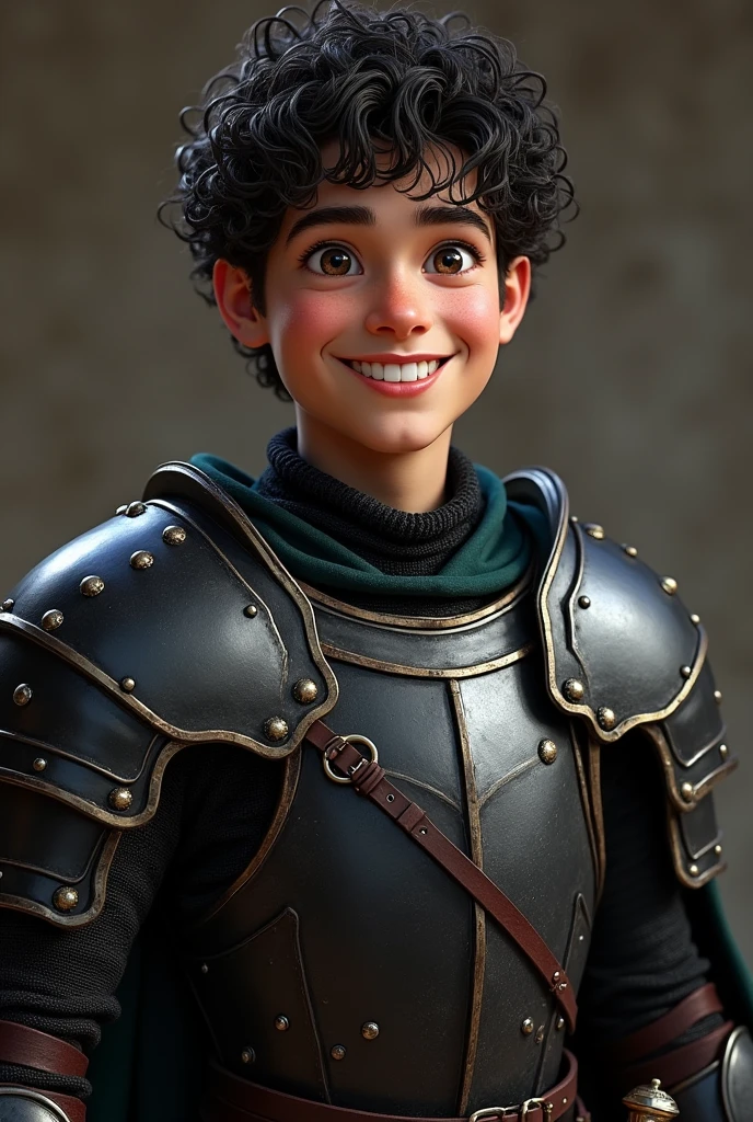 Generate and Create a young man with a cheerful countenance, who is dressed in black armor. has curly hair, dark colored, and light eyes that stand out with their wide and friendly smile. In his right hand he holds a sword, whose handle is partially visible in the image. The armor he wears is well detailed, with rivets and straps that adjust to your torso.