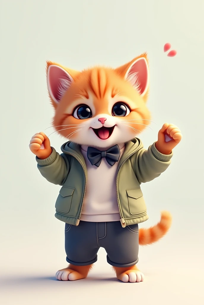 "With a big smile、Front paws pointing to the left、A little AI kitten dressed in cool clothes。