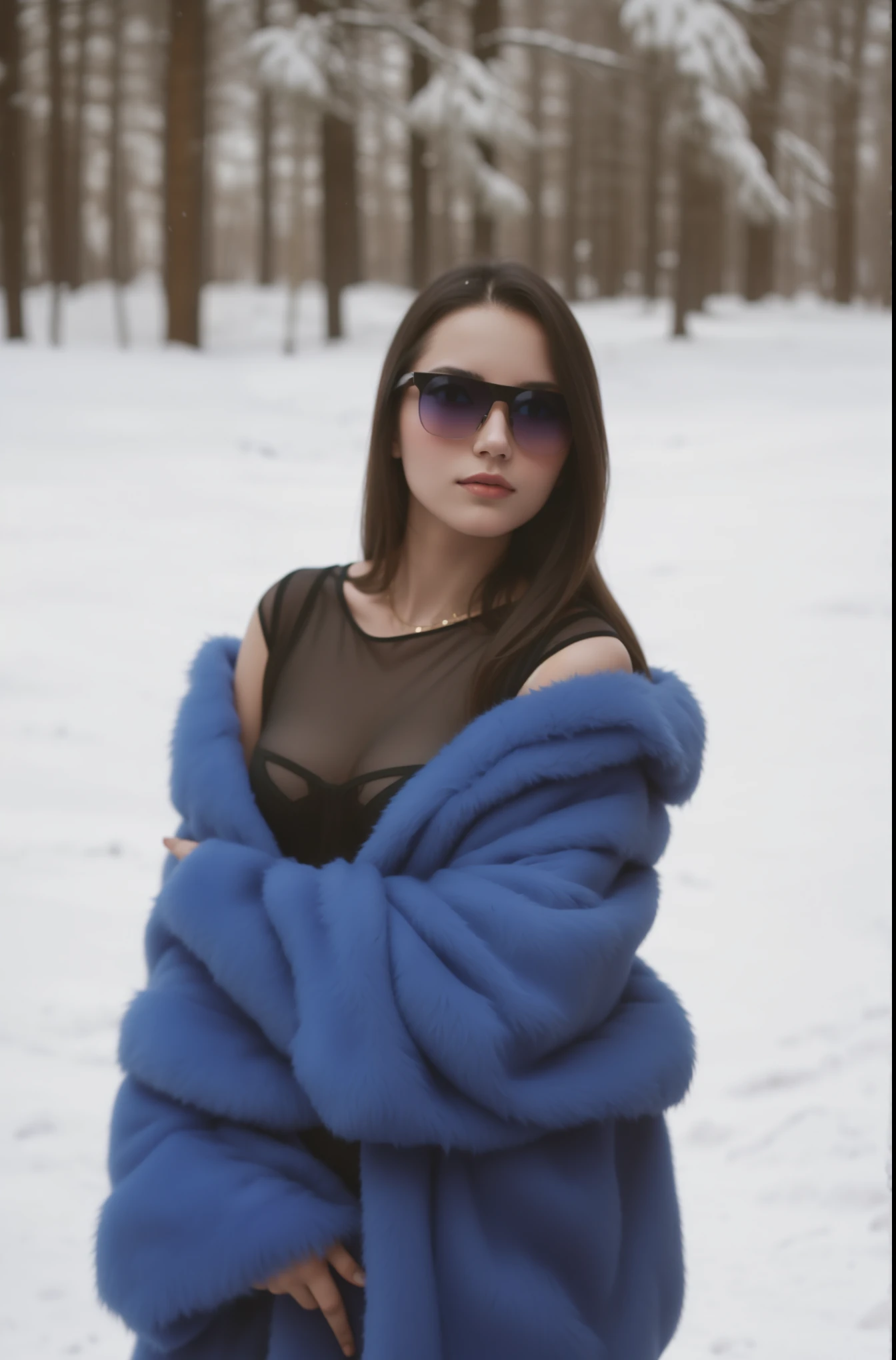 Beautiful girl in a fur coat, girl in a blue fur coat, winter photo, girl in winter in the forest, Girl in sunglasses