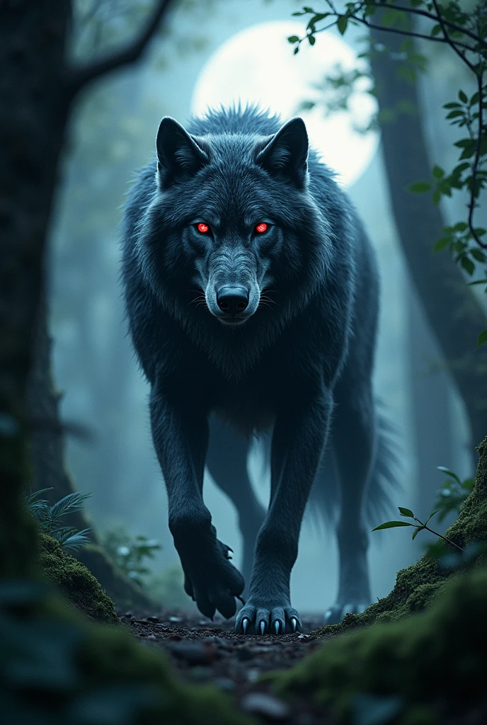Werewolf black with red eye  in. Forest  in fourlegs with soft eyes 
