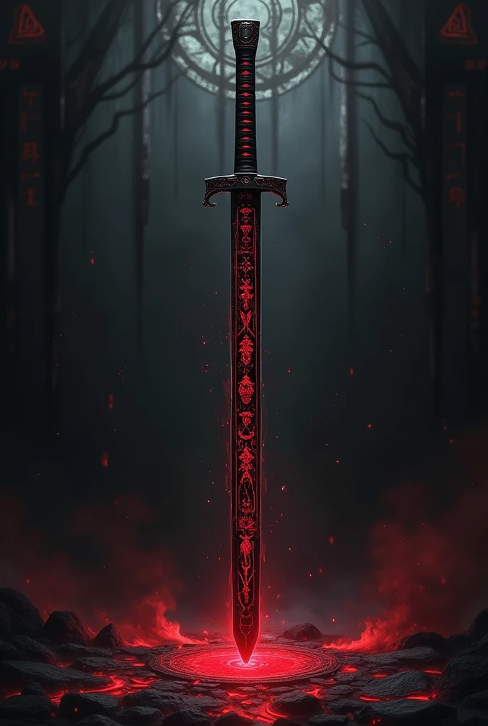 Create better quality, work of art, detailded, in the style of the Paranormal Order RPG, 1 discreet black Japanese sword, with blood ritual drawings