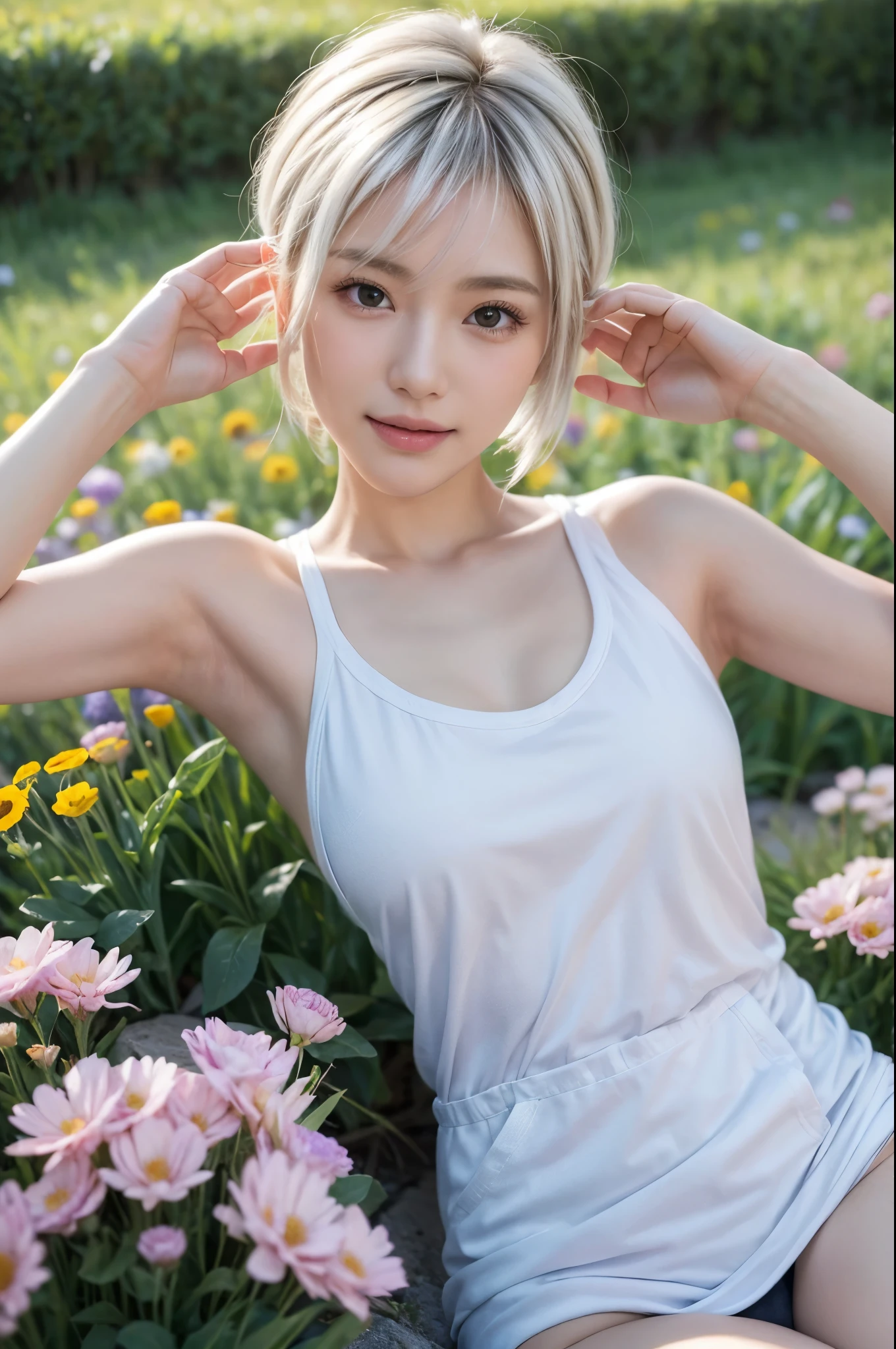 With many bouquets、masterpiece, Highest quality, Very detailed, 8k, Realistic, One Girl, alone, Tomboy, Very detailed face, (head shot:1.5), Standing in a field of colorful flowers, Pixie cut white hair, Wearing a large tank top, Wearing an off-the-shoulder hoodie,I can see your chest,Nice ass, smile, LOL