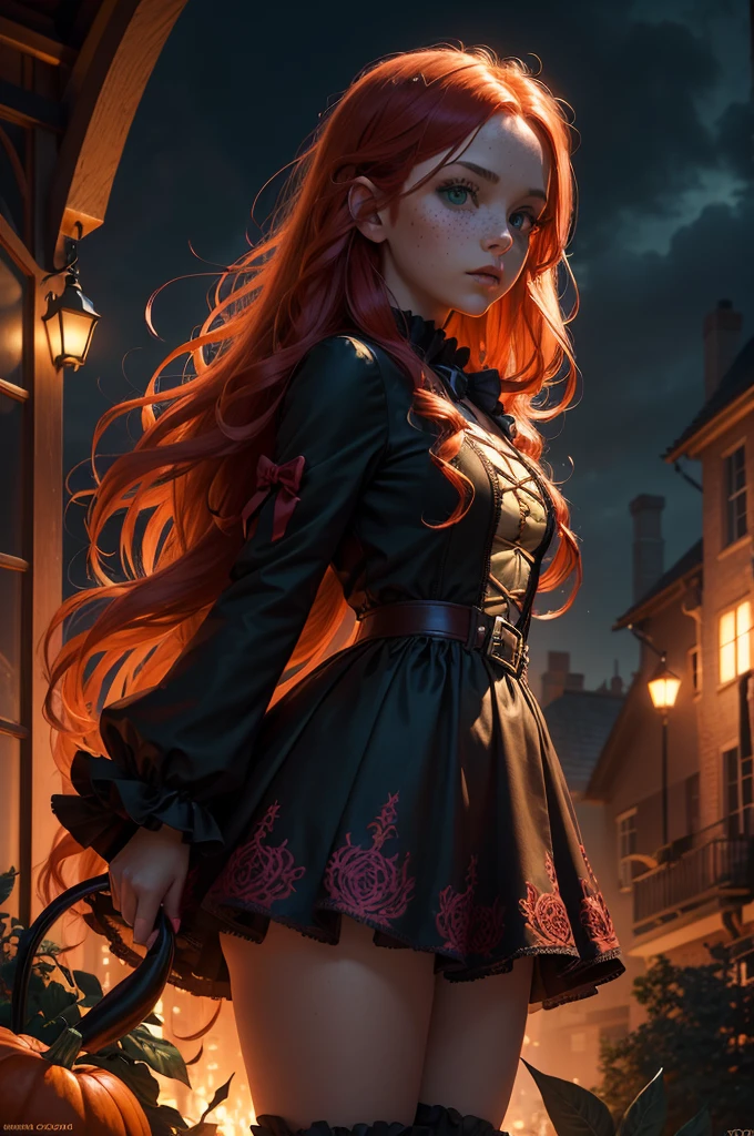 a beautiful young girl with long red hair and freckles, green eyes, dressed as a devilish trick-or-treater, standing in a residential garden at night, surrounded by halloween decorations, city skyline in the background,(best quality,8k,highres,masterpiece:1.2),ultra-detailed,(realistic,photorealistic,photo-realistic:1.37),award winning digital art, intricate details, dramatic lighting, vibrant colors, cinematic composition