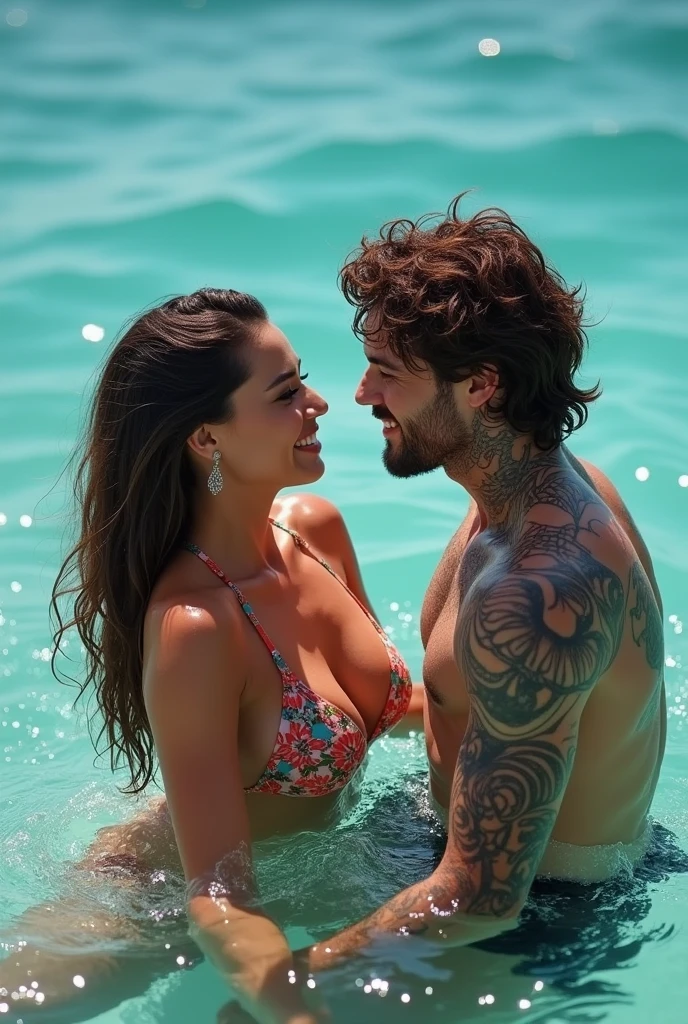 A hot brunette girl and a handsome guy with wavy brown hair and perfect body in the style of Gerard Butler with six pack and muscles and a lot of black tattoos are bathing in the sea. joy, Friends. Body view, bright light, viewer, Looking into the camera.
