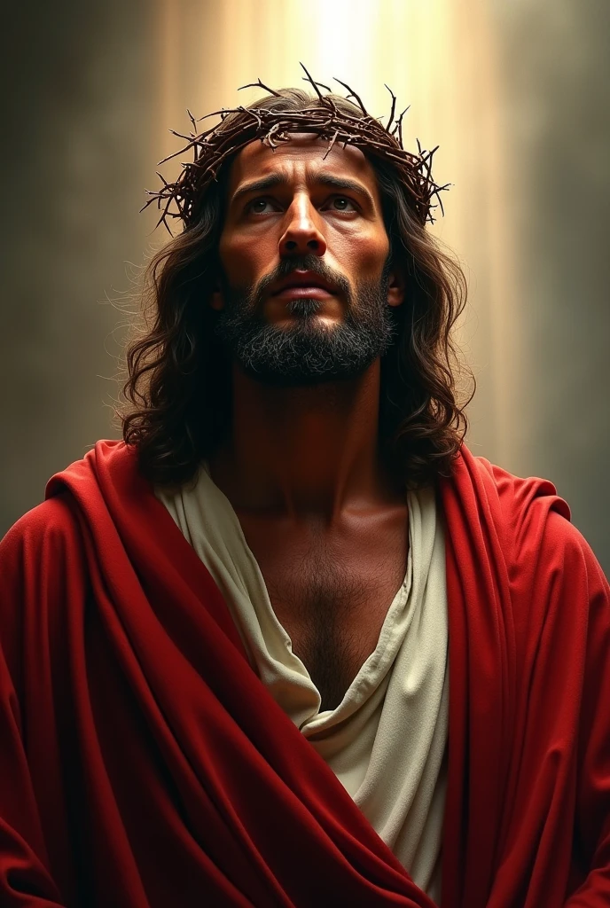 Jesus looking ahead,  with marks of torture, with a towel covering your hips and legs, with a red cape covering his upper body, without belt, without collar, without showing his chest, a crown of thorns and a light coming out behind his head 
