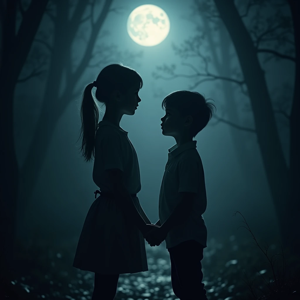 (Moonlit Confession, girl and boy:1.2), photography, untitled, in the style of dark black and (Prussian Blue), luminous shadows, flat figuration, high gloss, RAW photo, color graded, captivating chiaroscuro, dynamic movement, full body, (special effects:0.1), award-winning, cinematic still, emotional, dynamic, vivid, (masterpiece, best quality, photorealistic, Professional, perfect composition, very aesthetic, absurdres, ultra-detailed, intricate details:1.3)