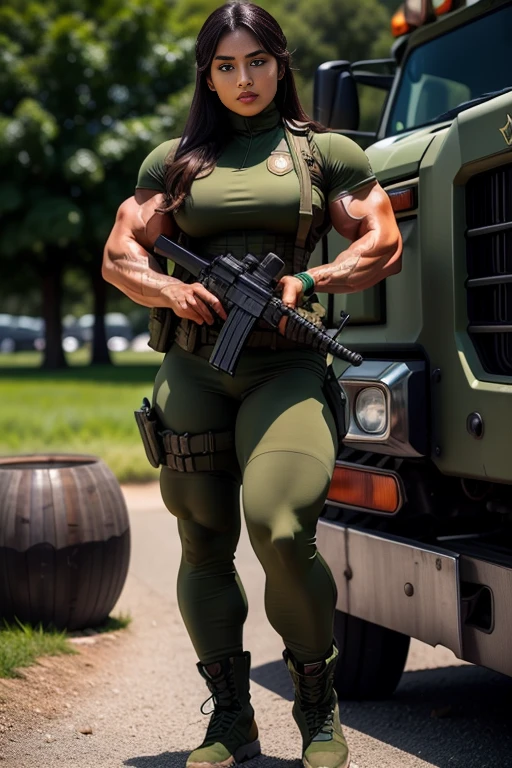 Photorealistic, high resolution, 1 malay woman wearing a green beret, Solo, Hips up, Battlefield background,view the viewer, (Detailed face), braided hair, wearing a green beret and a special team logo, SWAT vests, airborne logo on the chest, sniper rifle handle, camouflage combat suit, Camoflage military uniform, SWAT Boots, bulletproof vest, Holding an assault rifle, M16, Inside the jungle of Royal Belum, Very detailed, Perfect face, Black eye, jewelry, (full body view), Lifelike, masterpiece, HDR, 4K, veins everywhere