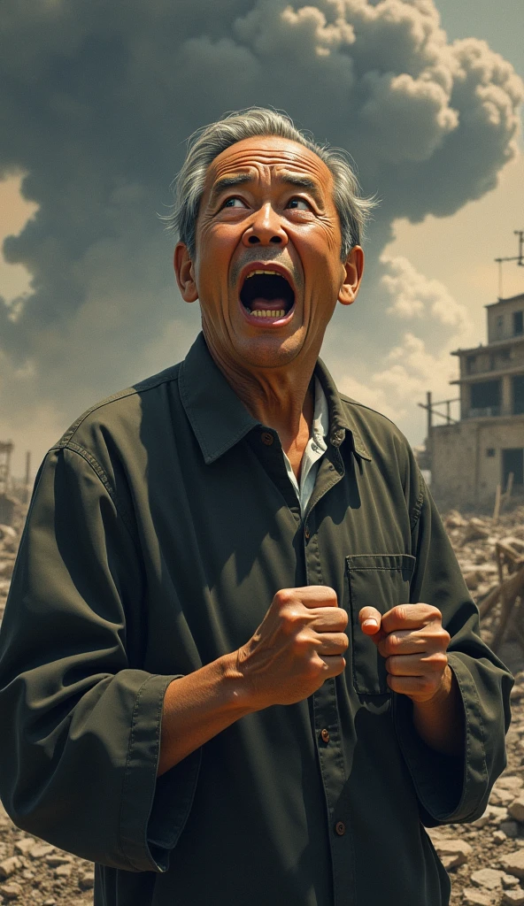 An emotional illustration of Tsutomu Yamaguchi in Nagasaki, witnessing the second bomb explosion, with a look of shock and determination on his face."