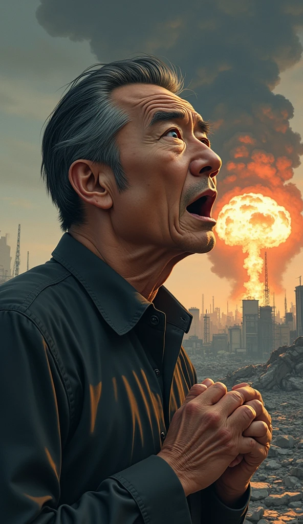 An emotional illustration of Tsutomu Yamaguchi in Nagasaki, witnessing the second bomb explosion, with a look of shock and determination on his face."