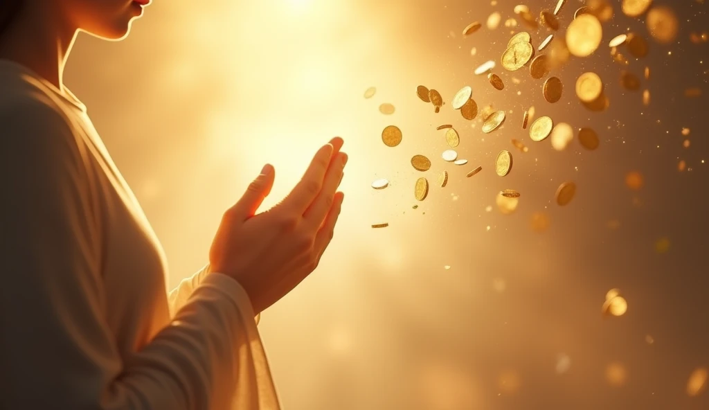A viral social media image: A serene light shines on praying hands, surrounded by golden coins cascading from the sky on the right, symbolizing a financial miracle. Background features a soft, heavenly glow.