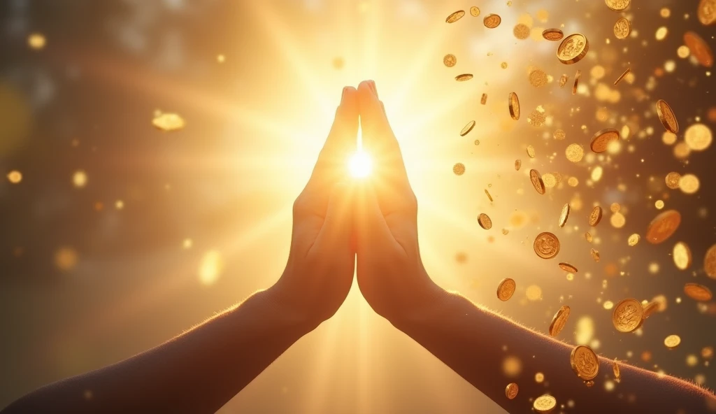 A viral social media image: A serene light shines on praying hands, surrounded by golden coins cascading from the sky on the right, symbolizing a financial miracle. Background features a soft, heavenly glow.