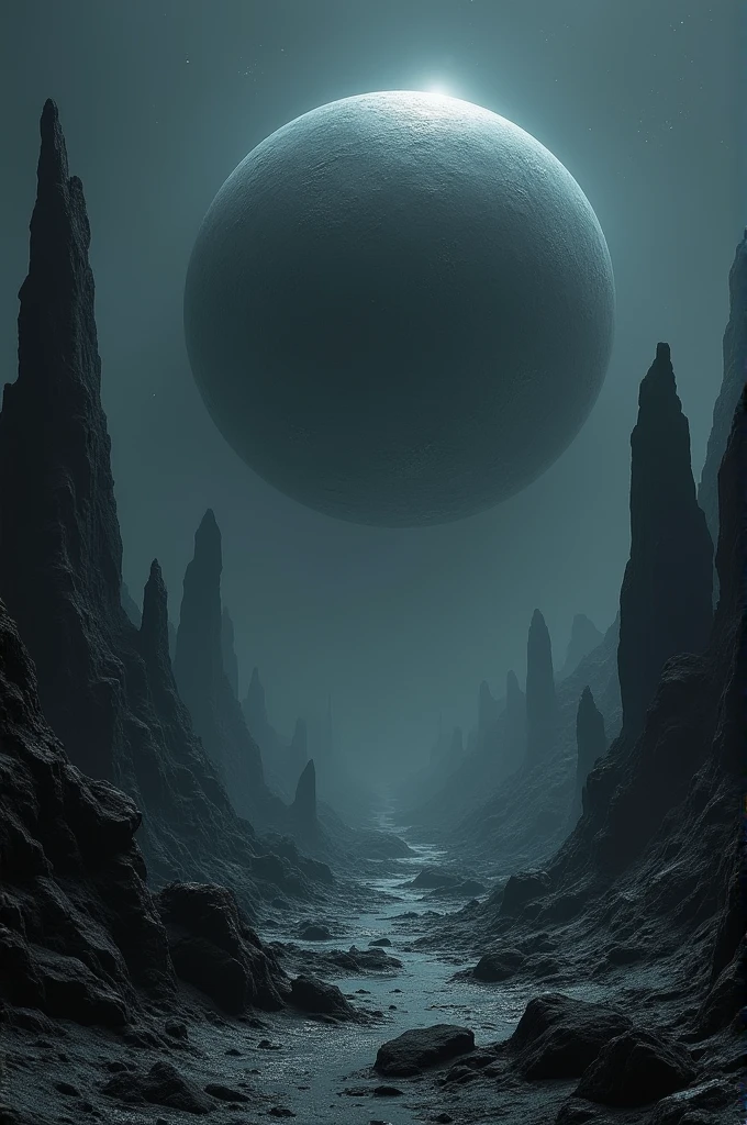Black Rocks, over which black sun-balls hang low, the surface of which is covered with prominences, emitting silver light