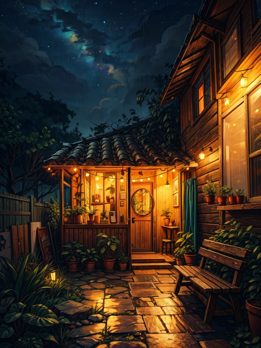 outside view, beautiful interiors of a cozy cafe, wooden log furniture, orange string lights, leafy tropical plant pots, gypsy aesthetics, earthy tones, decorations, cozy atmosphere, night time, starry sky visible from sky, micro landscape, night time, shade of shed, intrinsic details, heavy rainning