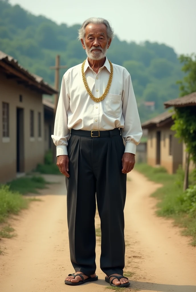 A old man with black full hair wearing white shirt and black pant and wearing gold chain and slippers standing on the road waiting for in the village, give full body of image