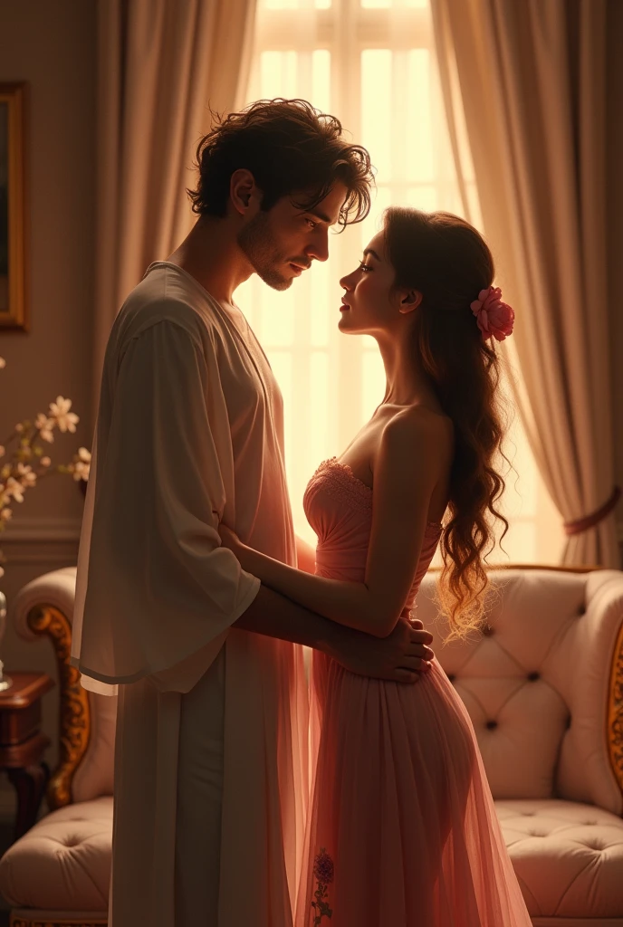 Create a scene blending realism with a fairy tale that depicts a young adult doctor with messy black hair and Arab descent, appearing strong. He is with a young woman with voluminous, subtly wavy brown hair and brown eyes with Eastern features. She is wearing a corset and has a rounded silhouette. They are standing hand in hand, gazing at each other with tenderness, with an atmosphere of complicity and forbidden romance between them. The last rays of the sun through the window create a warm and magical ambiance, intensifying their connection.