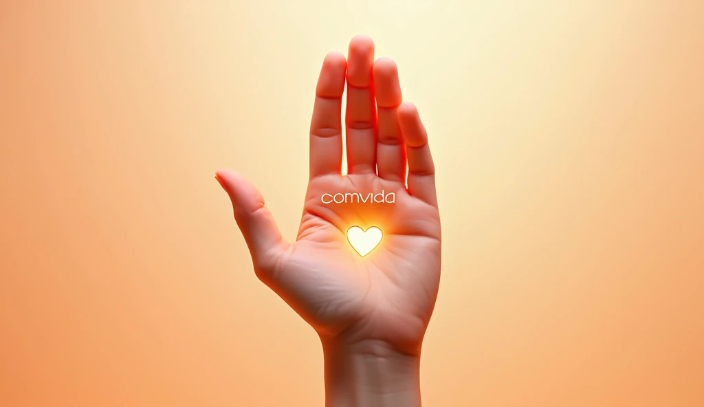 A close-up of a human hand held upright, with a heart-shaped cutout in the center of the palm. The background is a soft gradient of warm colors, such as light orange fading into white. Below or next to the hand, the word "COMVIDA" is written in bold letters, with "COM" in white and "VIDA" in orange. The overall style is clean and modern, with a slight glow around the hand and text to emphasize warmth and positivity.
