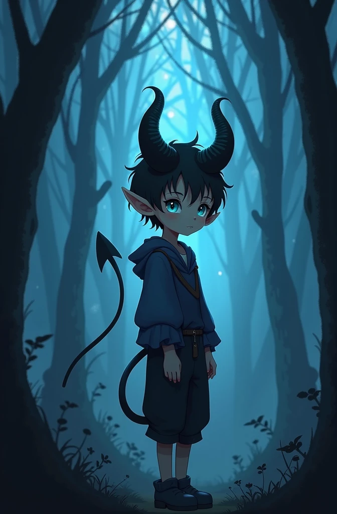 A boy of about , he had a rather cute face, long elf-like ears, black hair, and black eyes the color of crows. He had two devil horns growing out of his head, which were beautifully curved, as well as a devil tail that reached to the ground. He wore medieval villager clothing, and was in the middle of a dark, blue forest. He was standing with his back turned and facing left, with a light shining through his eyes, only the upper half of his body visible.