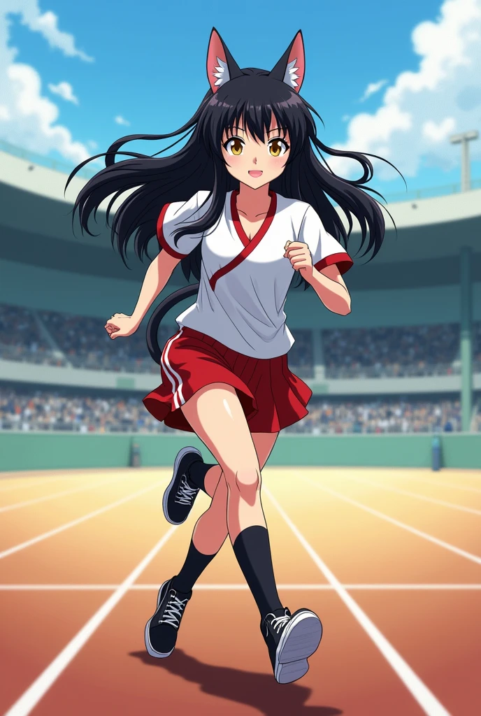 An anime girl who looks with cat ears, very long, straight black hair with bangs similar to Inuyasha's, and golden eyes., running in a stadium in a Japanese sports uniform and black tennis shoes and socks