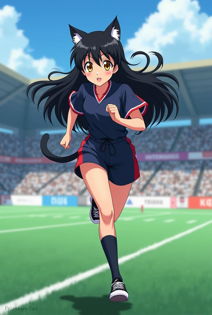 An anime girl who looks with cat ears, very long, straight black hair with bangs similar to Inuyasha's, and golden eyes., running in a stadium in a Japanese sports uniform and black tennis shoes and socks