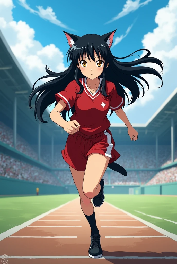 An anime girl who looks  with cat ears, very long, straight black hair with bangs similar to Inuyasha&#39;s, and golden eyes., running in a stadium in a Japanese sports uniform and black tennis shoes and socks 